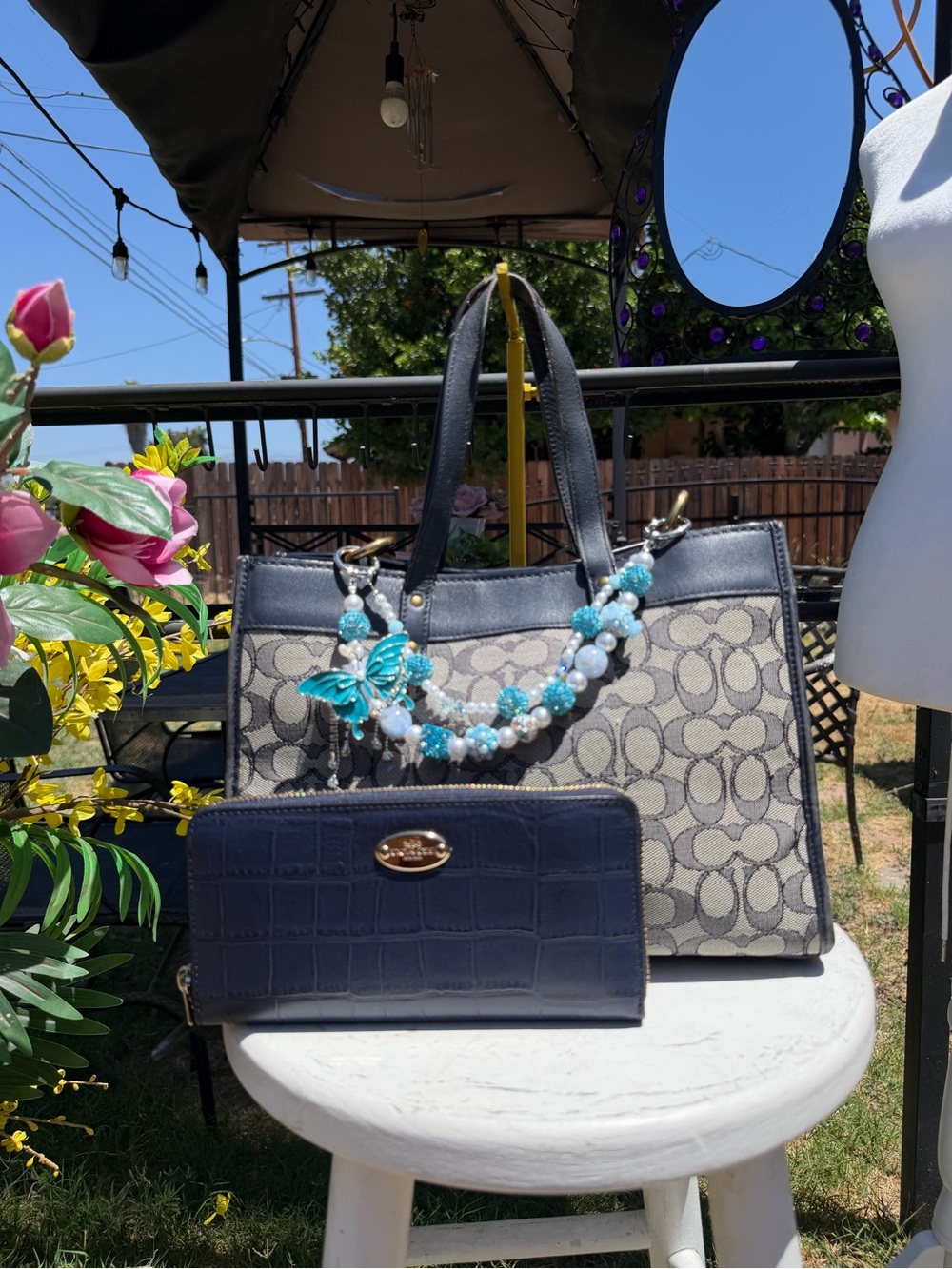 Coach gray and Navy Signature Tote with Navy Wallet Y2K